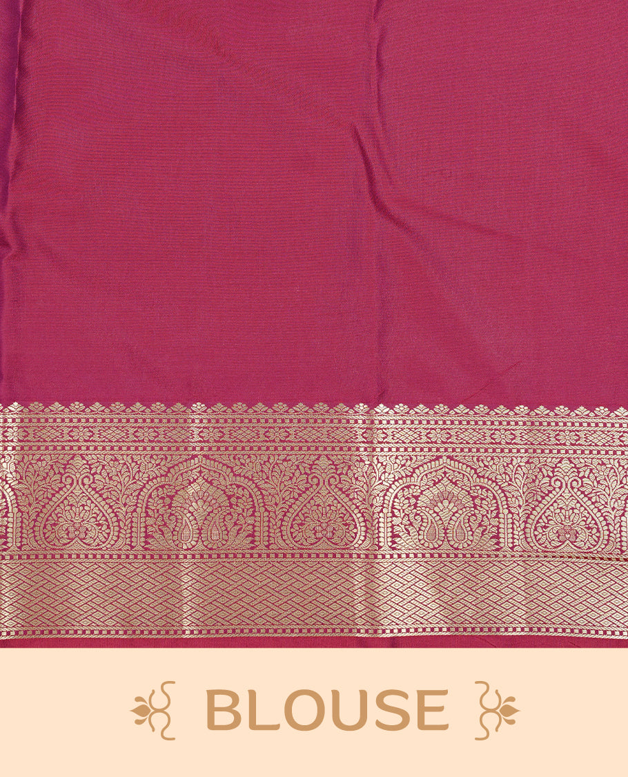 Burgundy colour semi wedding silk saree featuring Gold zari pattern on body, complemented Silver Peacock motifs & gold zari border, paired with matching blouse piece.