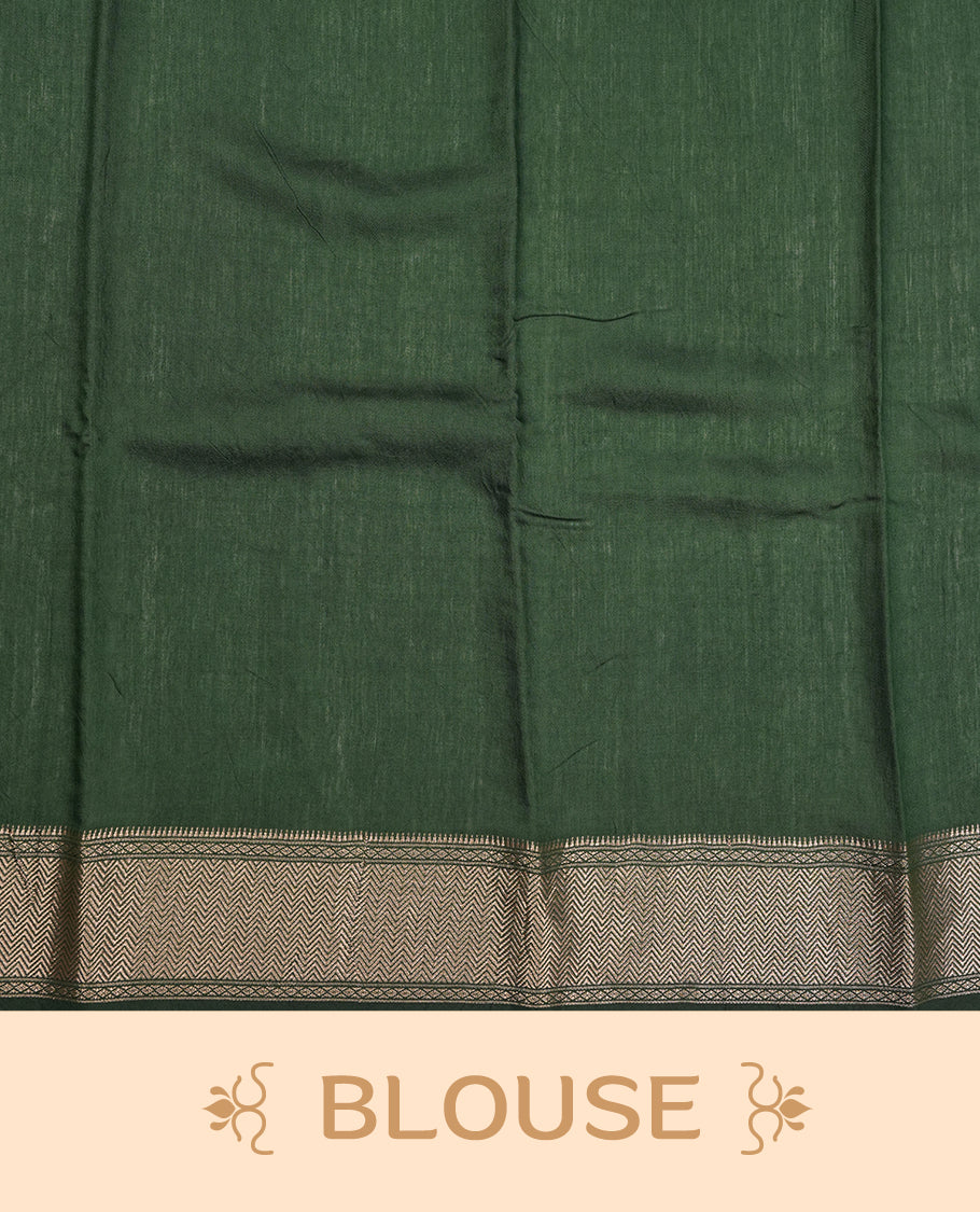 Green colour Viscos semi printed saree featuring a light golden zari border, abstract off white printed motifs on the body, and comes with a matching blouse