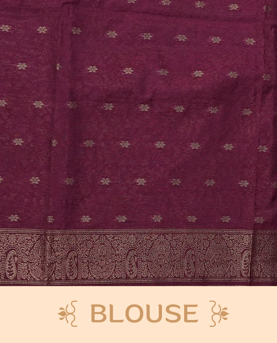 Green colour semi linen saree with elegant gold zari leaf motifs across the body, complemented by a contrast  wine colour with grand gold zari pallu and a borderless design, paired with a matching blouse piece.