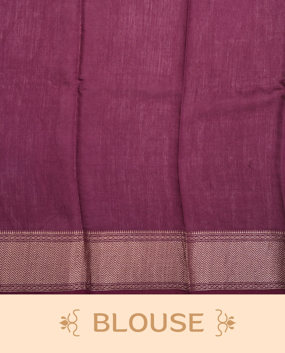 Grape Purple colour Viscos semi printed saree featuring a light golden zari border, abstract off white printed motifs on the body, and comes with a matching blouse