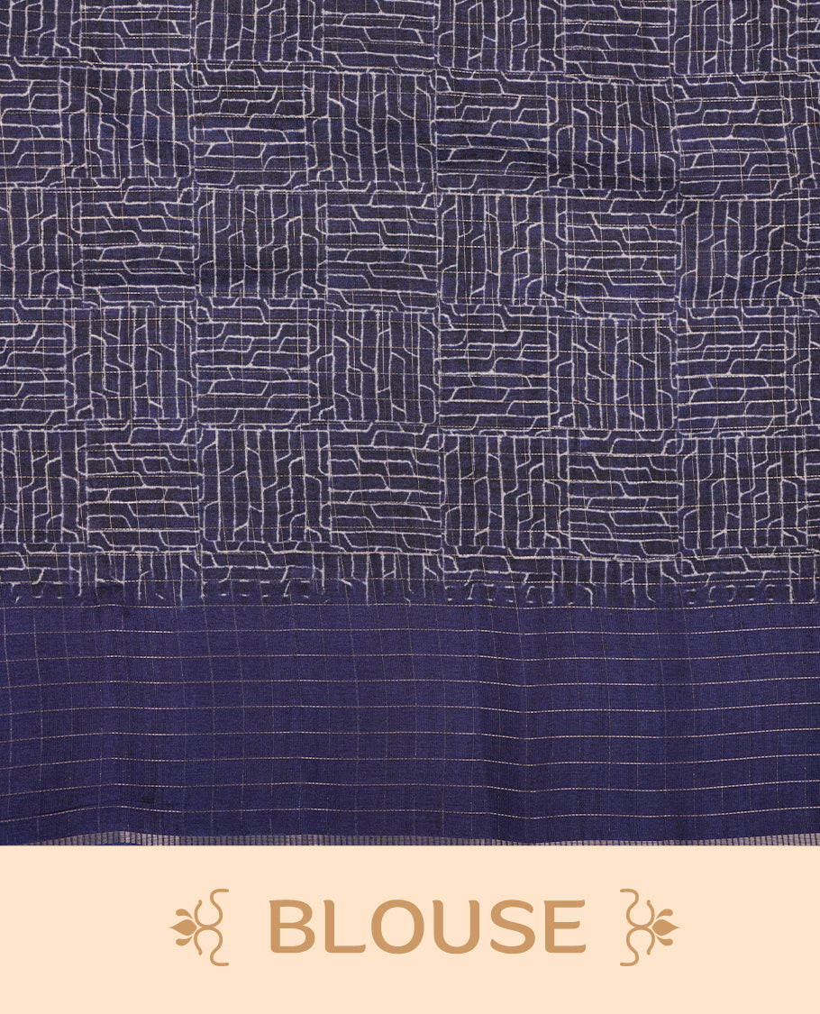Beige colour semi tussar silk saree highlighting elegant plain body, contrast blue colour border with gold zari box pattern, pallu and comes with matching blouse piece.