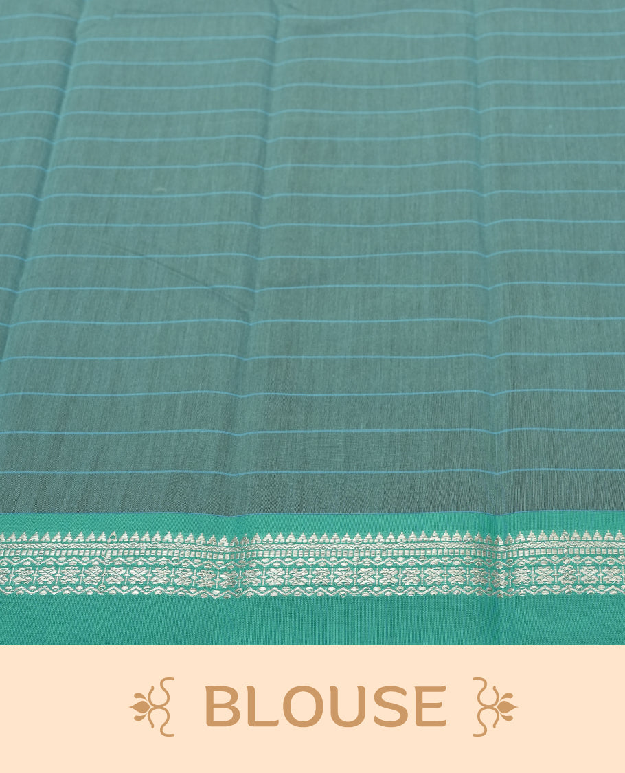 Orange Silk Cotton Saree with White Floral Buttas Body, Accented by White Lotus and Geometric Pattern on Green and Blue Zari Pallu, Paired with Matching Blouse Piece