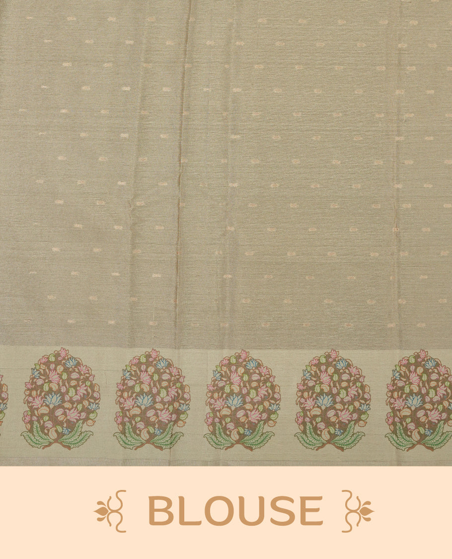 Rose gold colour semi tussar saree adorned with gold zari motifs across the body and Floral pattern contrast cream colour on border, paired with a matching blouse.