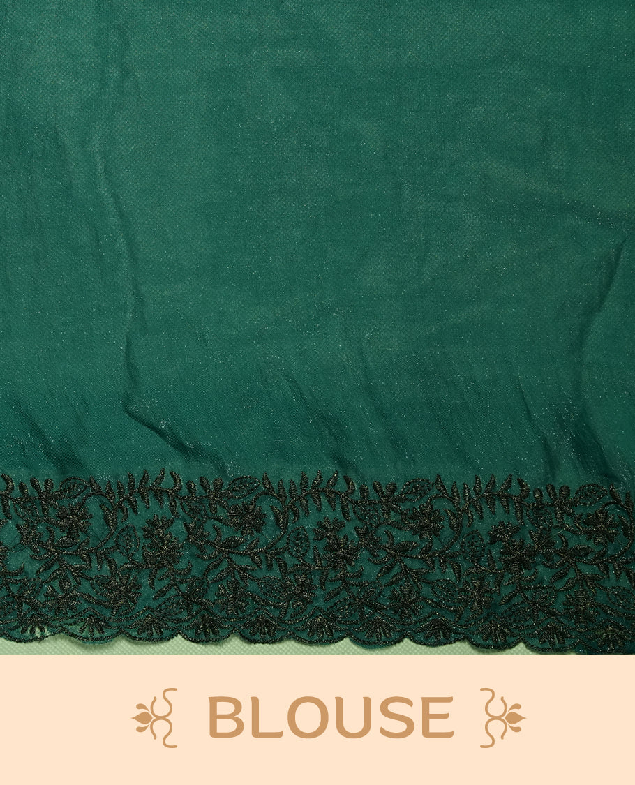 Dark green colour velvet chiffon saree featuring black colour thread embroidery pattern on body, border and paired with matching blouse piece.