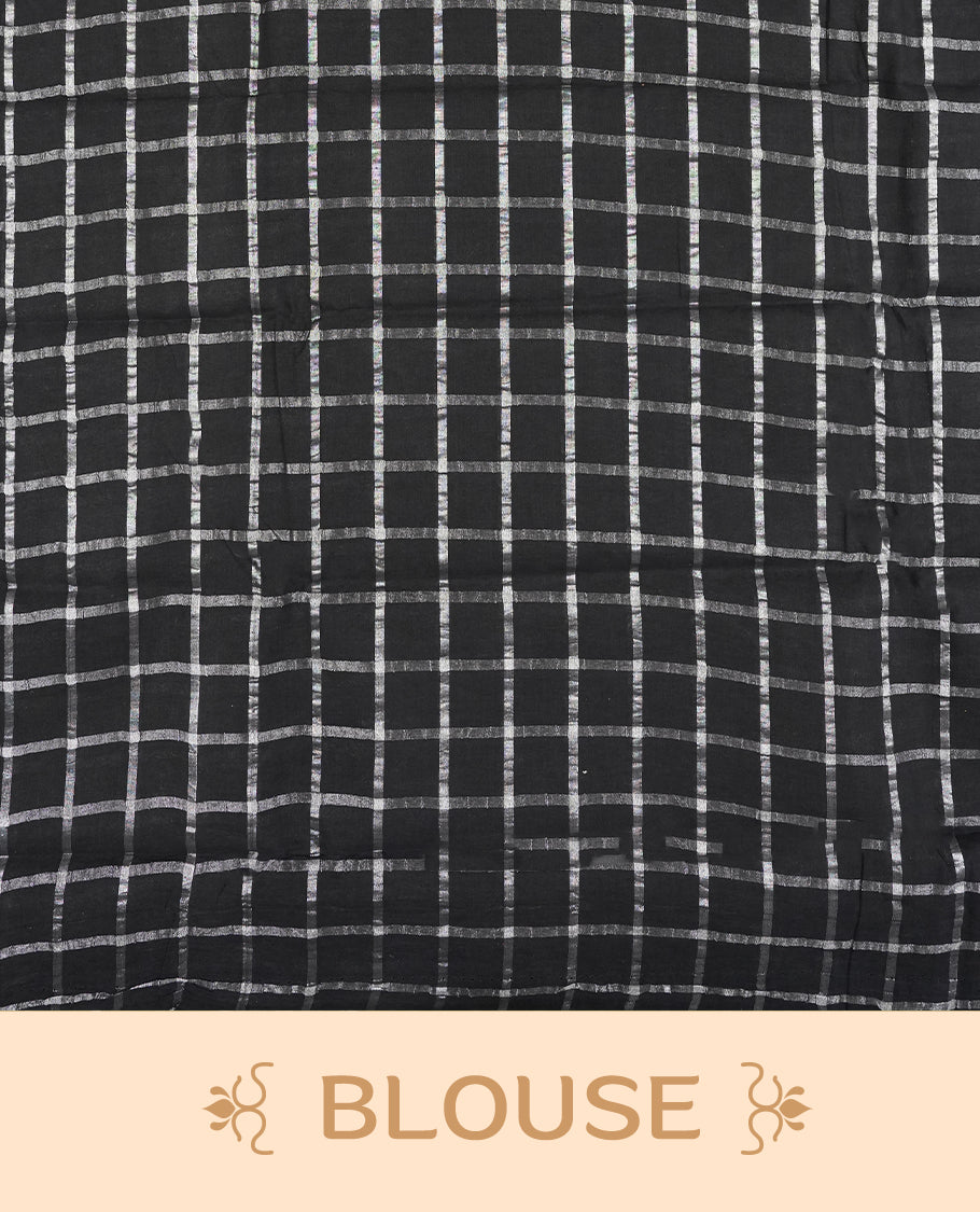 Black colour Chettinad cotton saree featuring silver checked patterns on the body, accentuated with elegant silver peacock motifs along the border & Comes with a matching blouse piece.