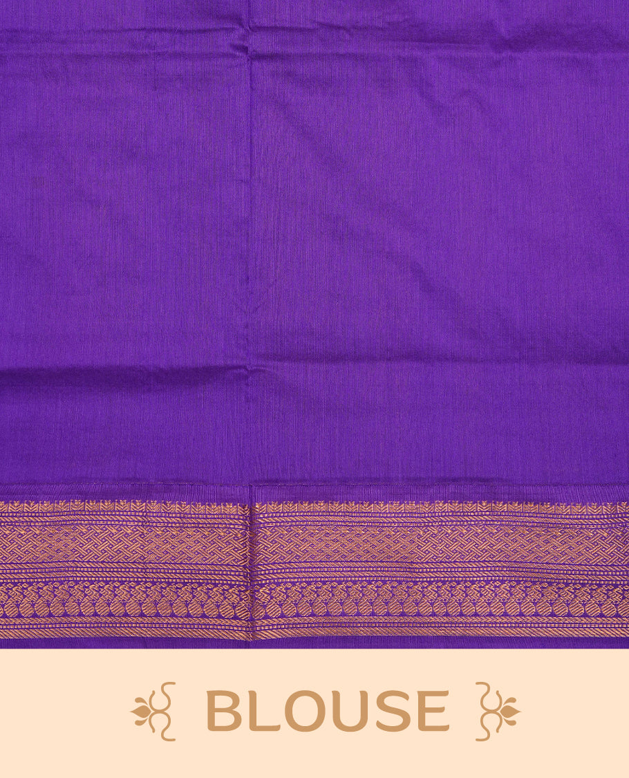 Maroon colour Kalyani cotton saree featuring Gold zari check pattern on body, complemented by Contrast Violet colour with grand gold zari border & pallu, matching blouse piece