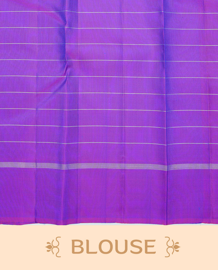 Peacock colour traditional kancheepuram silk saree featuring Silver zari Check with motifs on body, complemented by contrast purple colour with simple border, comes with matching blouse piece.