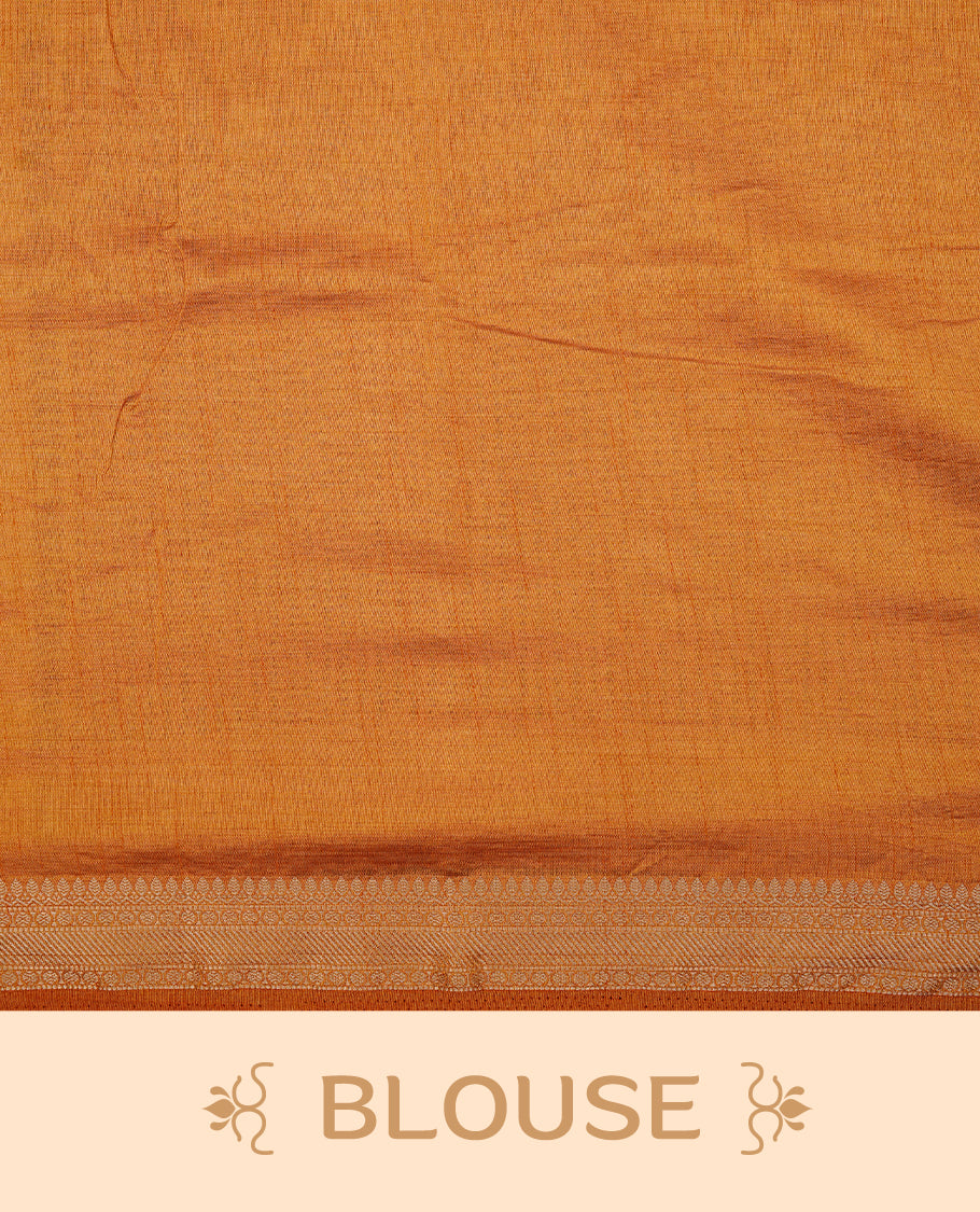 Cream colour Semi Tussar silk saree featuring an elegant plain body, accentuated by a contrast Mustard border adorned with intricate gold  zari work, paired with a matching blouse piece.