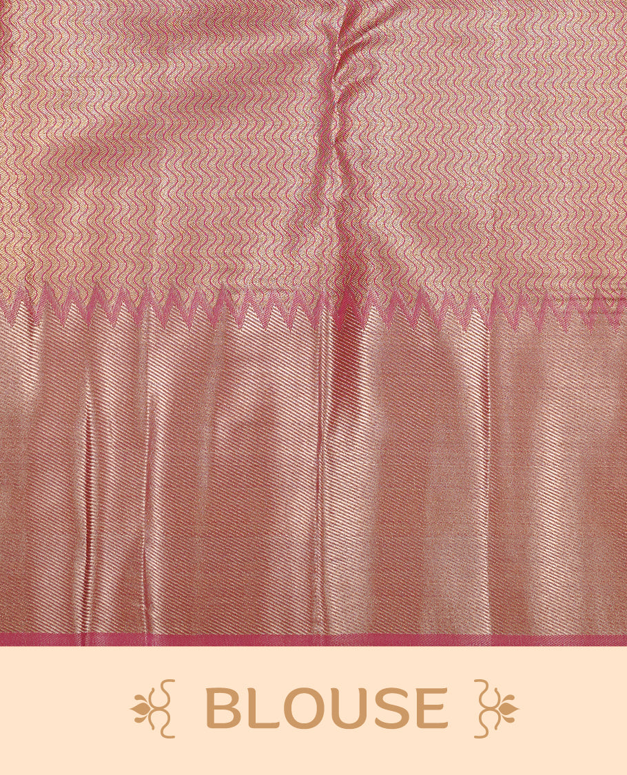 Pink colour Tissue saree featuirng Aqua, Gold, silver zari Scales design on body, complemented by traditional border on self colour, paired with matching blouse piece.
