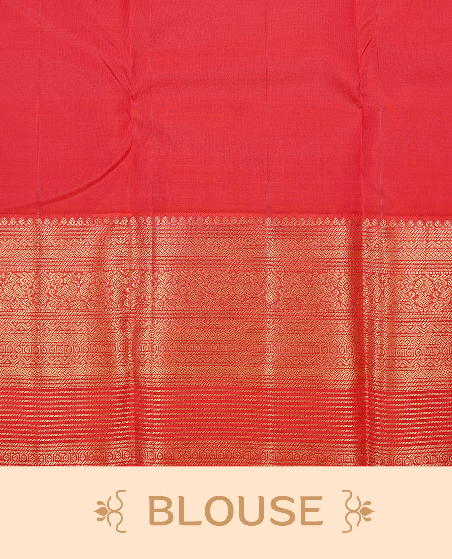 Cream colour Traditional Kancheepuram silk saree featuring gold zari motifs on body, enhanced with contrast Red with traditional border, paired with matching blouse piece.