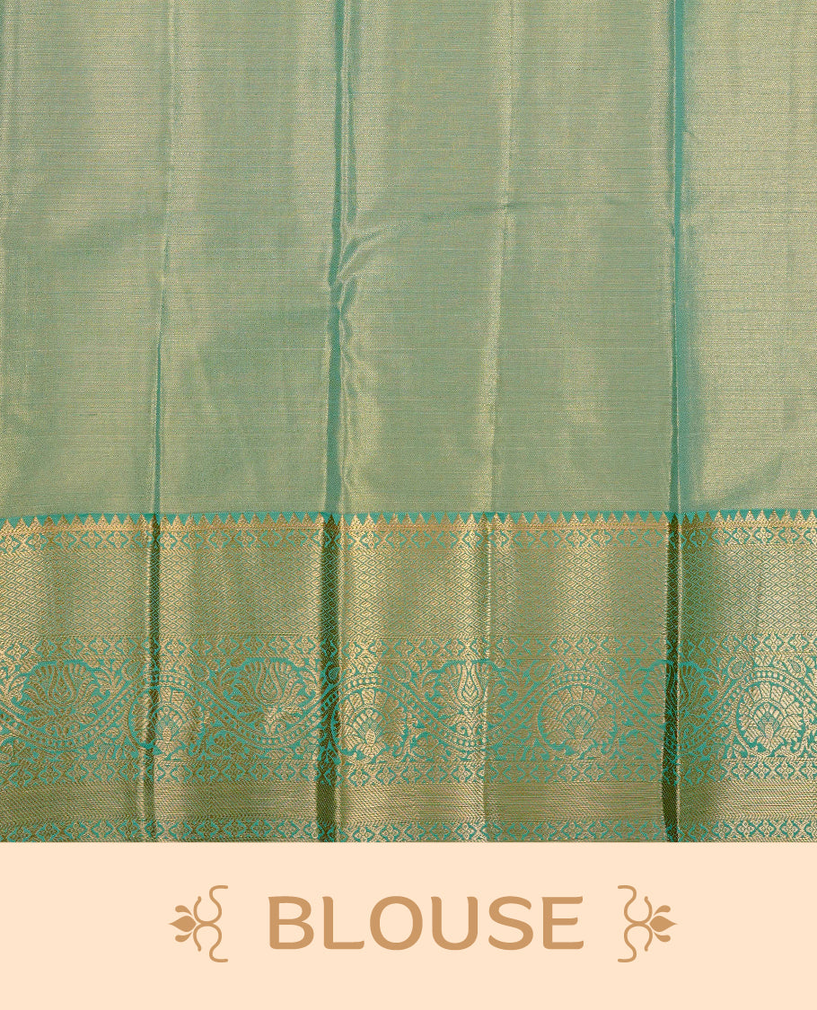 Green & Gold double shade colour Semi tissue silk saree featuring gold zari kodi floral motifs on body, Contrast Green colour with traditional border, paired with matching blouse piece.