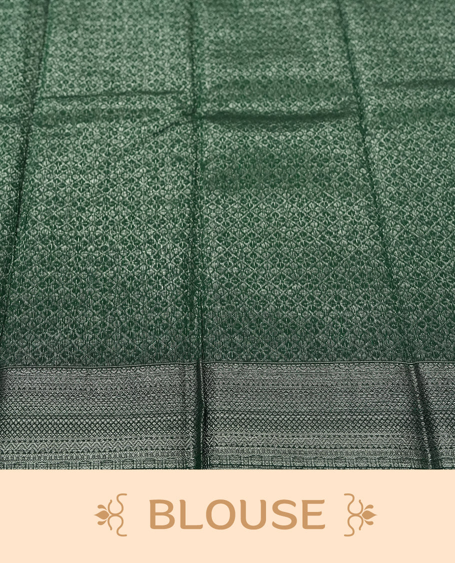 Dark Green Silk Cotton Saree with Silver Butta Body, Accented by Silver Zari Ornamental Border on Grand Pallu, Paired with Matching Blouse Piece
