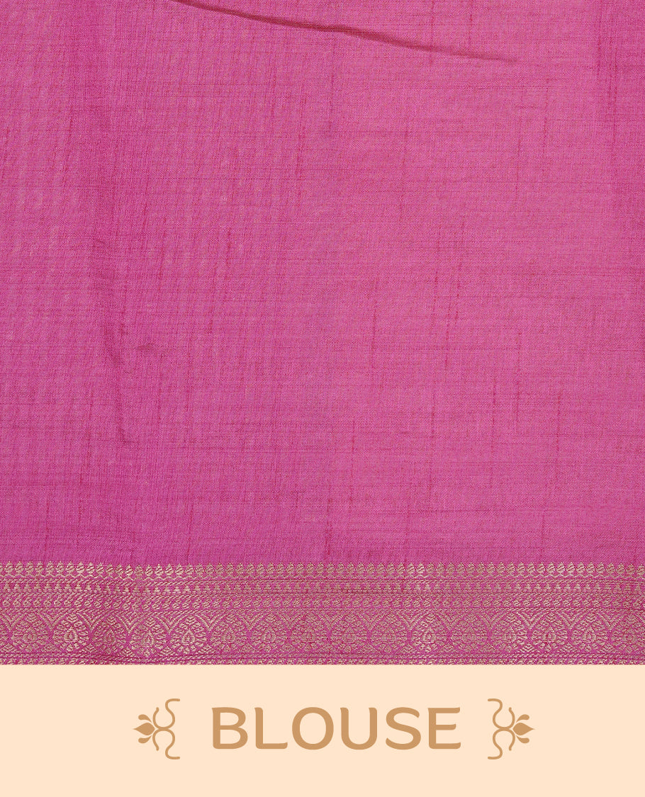 Cream colour Tussar silk saree featuirng Elegant Plain body, complemented by Contrast Magenta colour with gold zari border, paired with matching blouse piece.