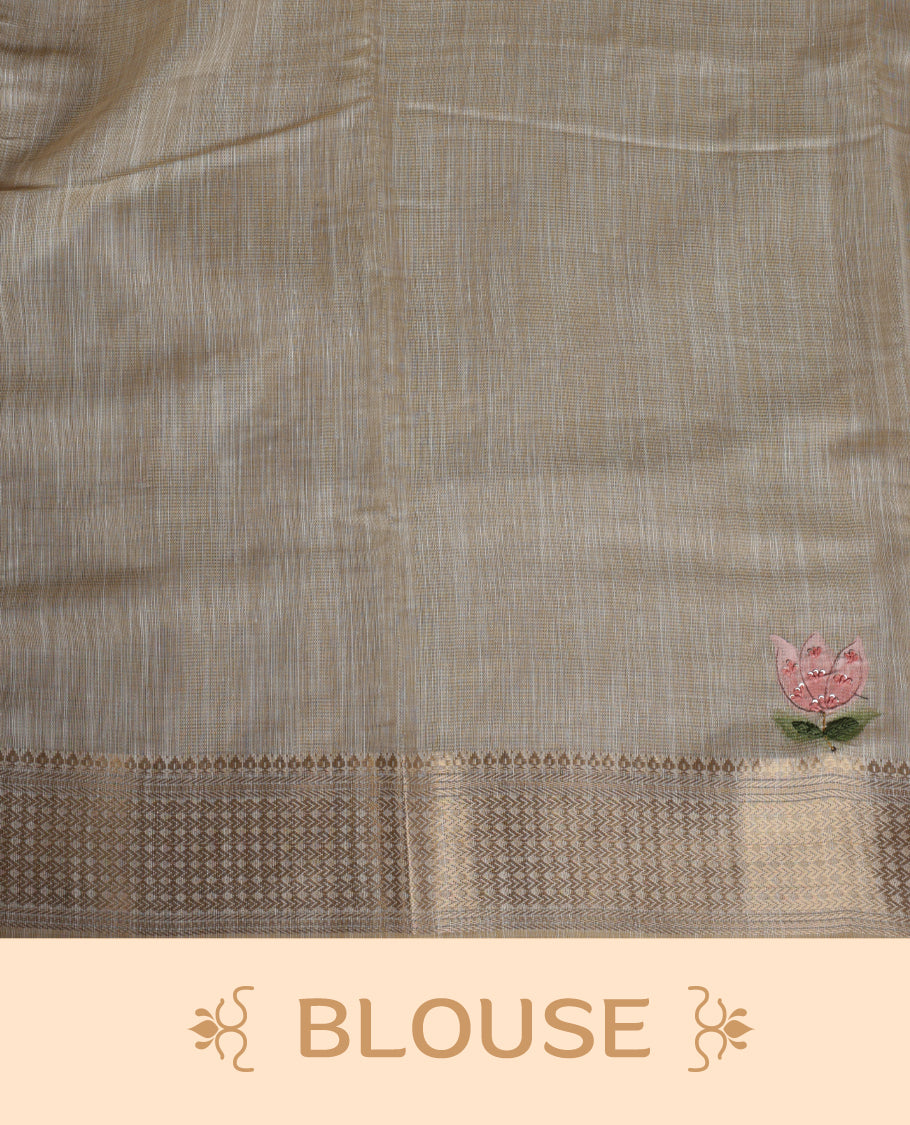 Beige colour Banarasi linen silk saree featuring hand brushed colour with Floral  & birds printed pattern on body, gold zari woven geometric design border with self colour pallu and comes with a matching blouse