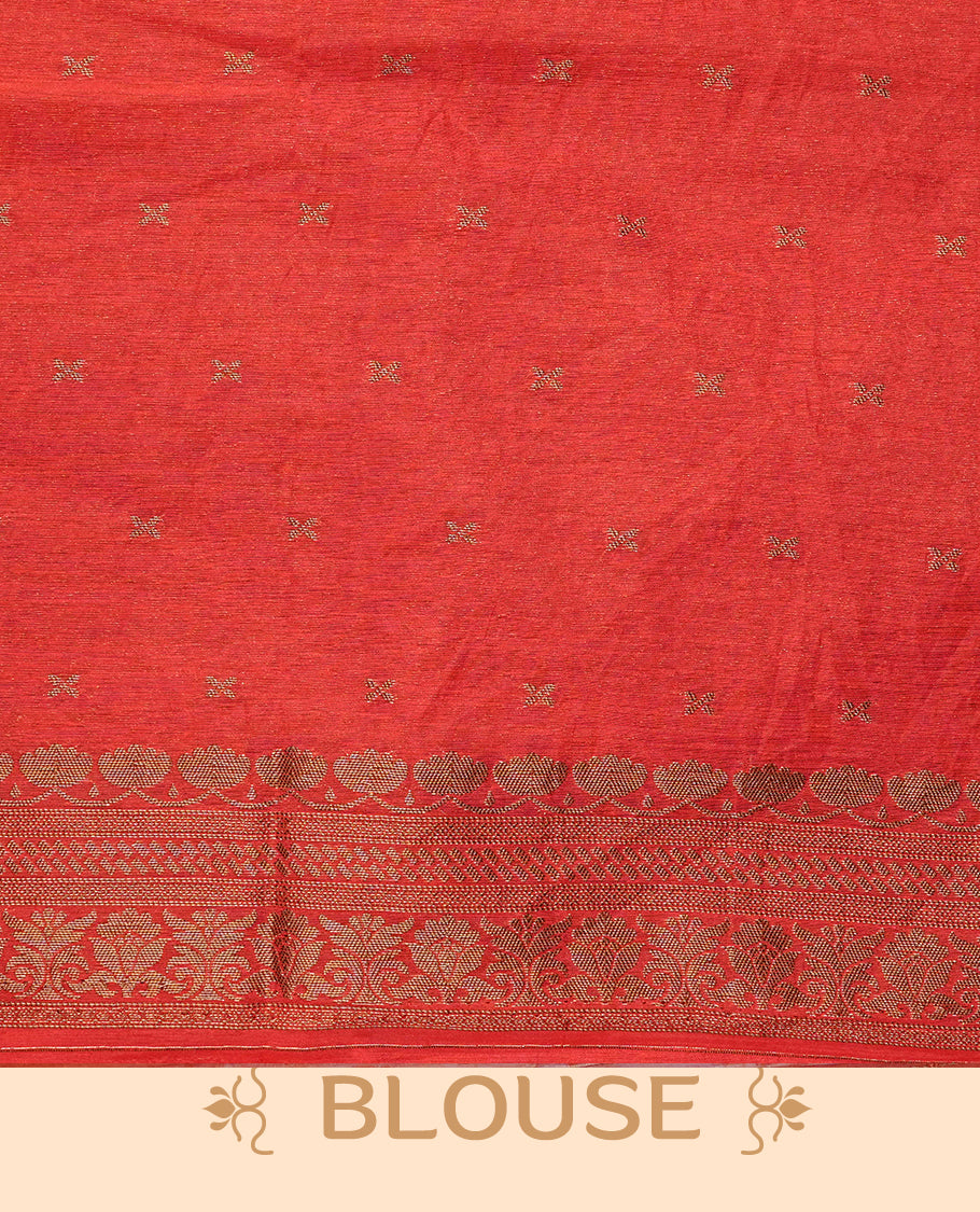 Red colour semi linen saree with elegant gold zari floral motifs across the body, complemented by a contrast colour grand gold zari pallu and a borderless design, paired with a matching blouse piece.