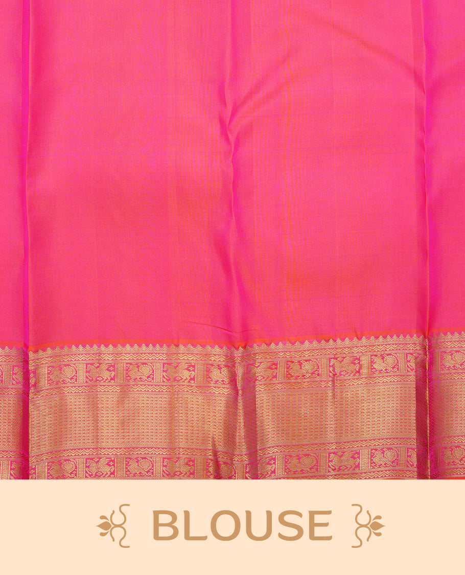 Orange colour pure wedding silk saree featuring gold zari Designed with magenta box pattern on body,complemented by self colour with traditional border, comes with matching blouse piece.