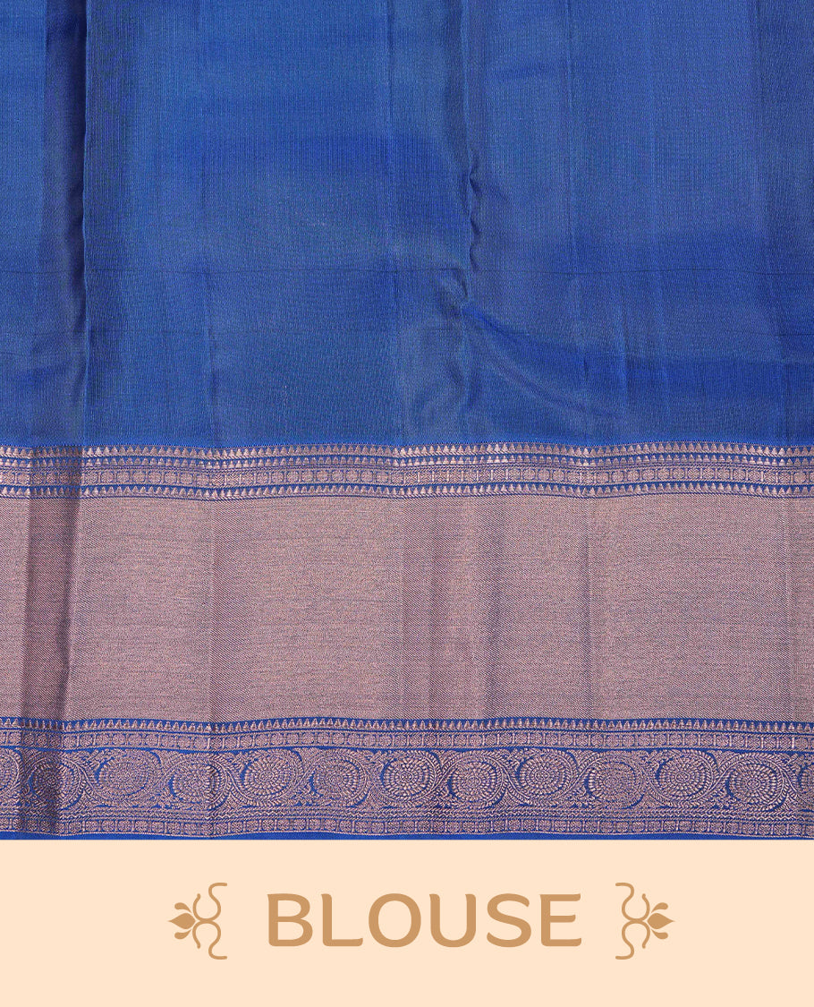 Olive Green Colour Traditional Kancheepuram Slik Saree Featuring Gold Zari Motifs on the Body, Complemented by a Contrast Blue Colour Copper Zari Traditional Border and Pallu, Paired with a Matching Blouse .
