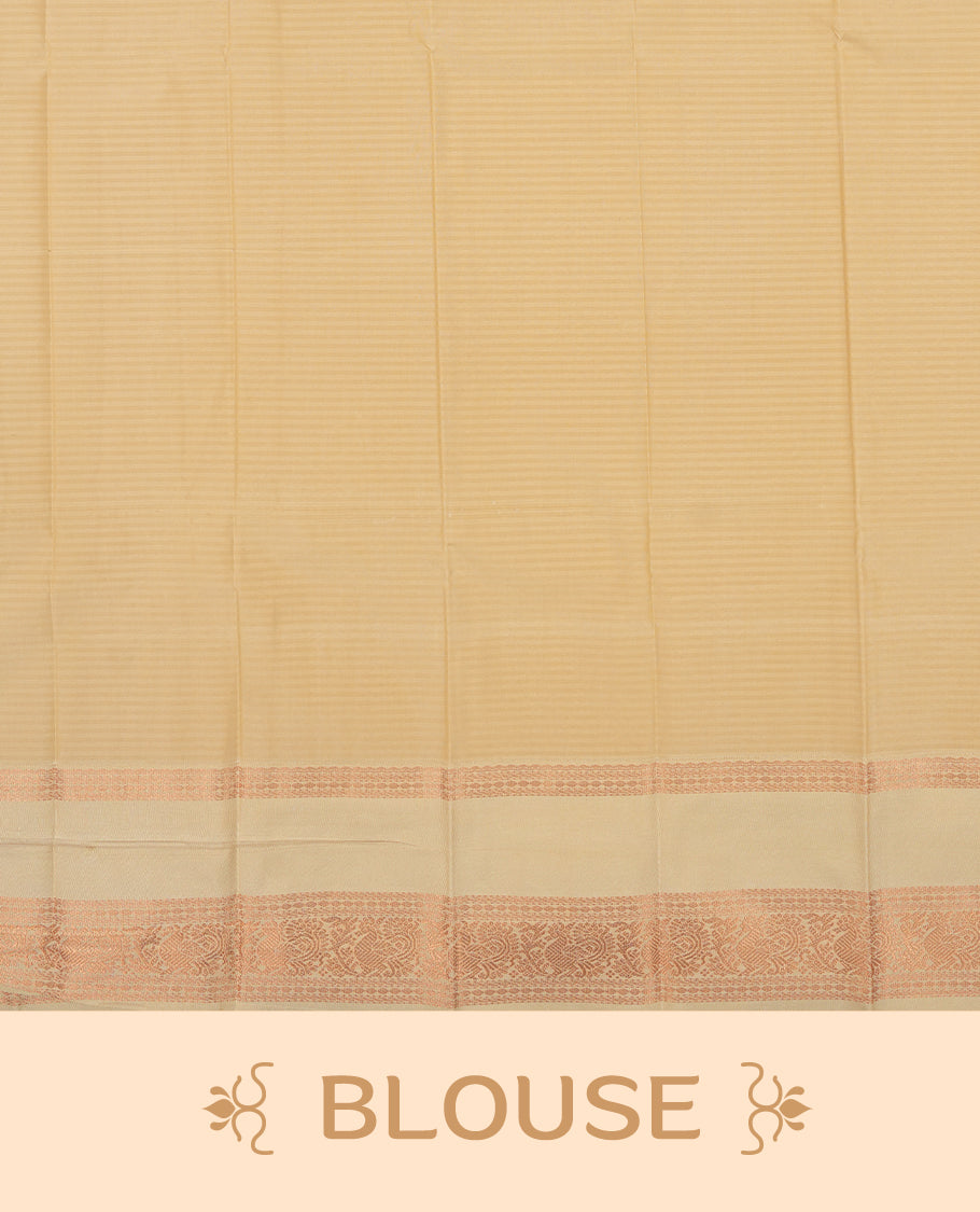 Orange colour Semi Silk Saree with rose gold zari striped patterns on the body, paired with a contrasting cream colour traditional pallu and border, and a matching blouse piece.