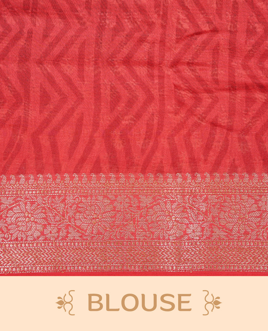 Red Colour Chanderi Silk Saree Featuring Floral Print On Body, Complemented by Self Colour with Antique Zari Border, Paired With Matching blouse Piece.