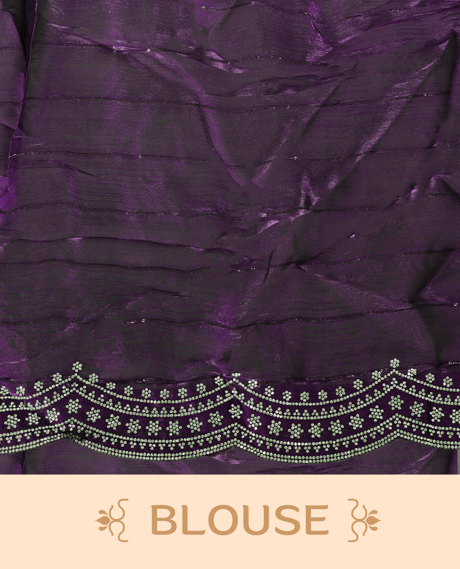 Dark Grape colour chiffon designer saree, featuring self colour beats stripes on body, heavy gold stone patttern on border and  pallu, Paired with matching blouse.