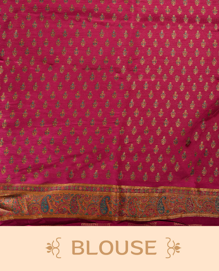 Black colour Pashmina silk saree densely woven with intricate multicolour floral and architectural motifs across the body, framed by an opulent arabesque border and grand storytelling pallu, paired with a matching black woven border blouse piece