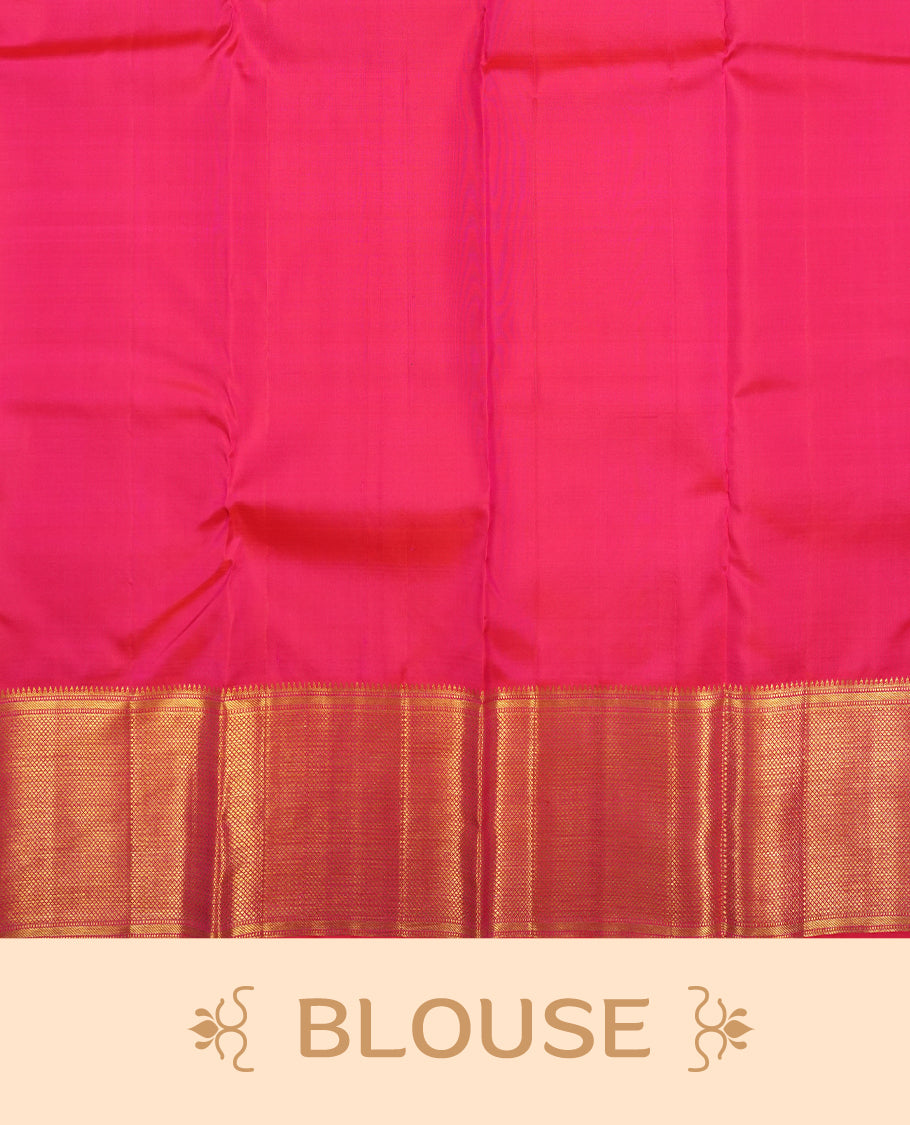 Rani pink colour Kanchipuram Samudrika Silk Saree featuring Poo chakram & strip pattern weaving with gold zari jacquard and a traditional zari border, paired with a matching designer jacquard blouse piece