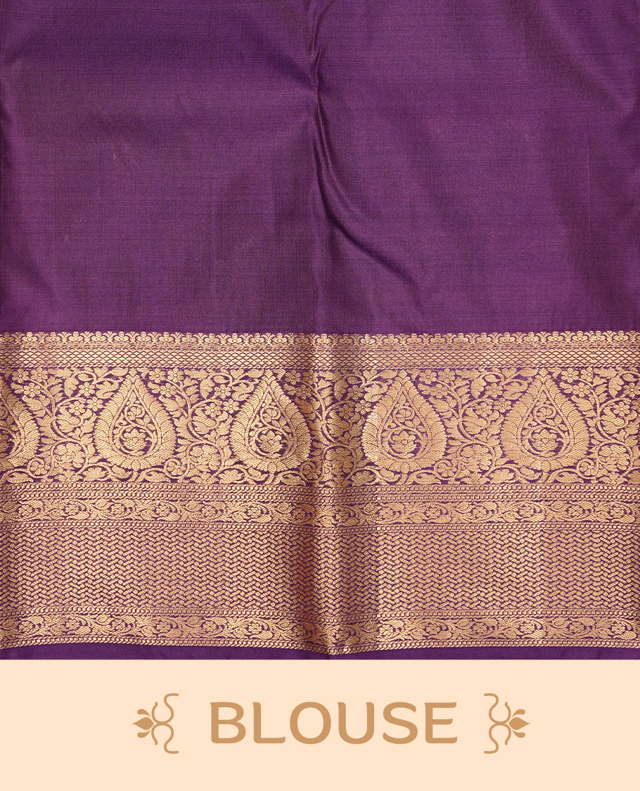 Purple colour Semi wedding silk saree featuring strip pattern on body, complemented by self colour traditional border, paired with matching blouse piece.