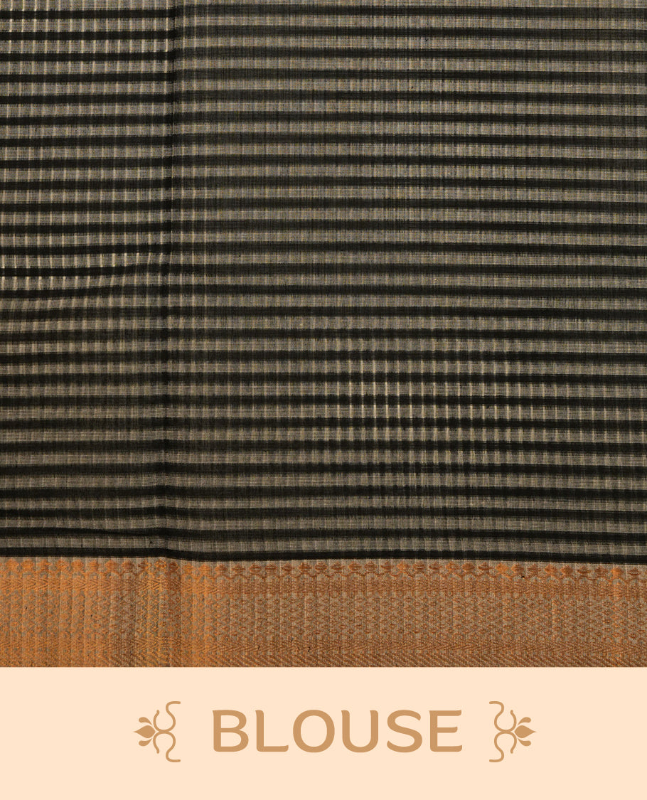 Black  Colour Mangalagiri cotton saree featuring elegant Grey stripes Across The Body , a Two Inch Gold  zari border & Gold Zari Pallu, Paired With a matching blouse piece.
