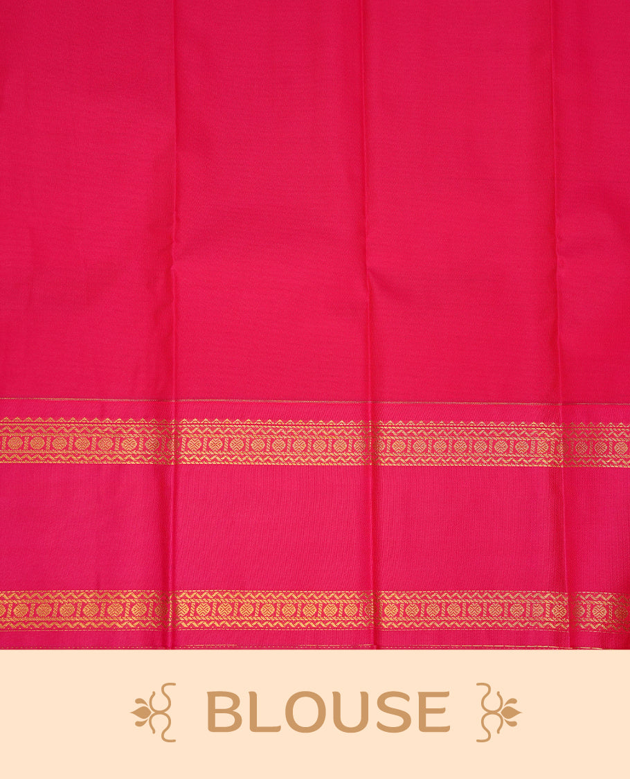 Deep purple coloured soft silk saree featuring gold zari stripes and motifs across the body, enhanced with a contrast Magenta border and pallu, paired with a matching contrast blouse piece.
