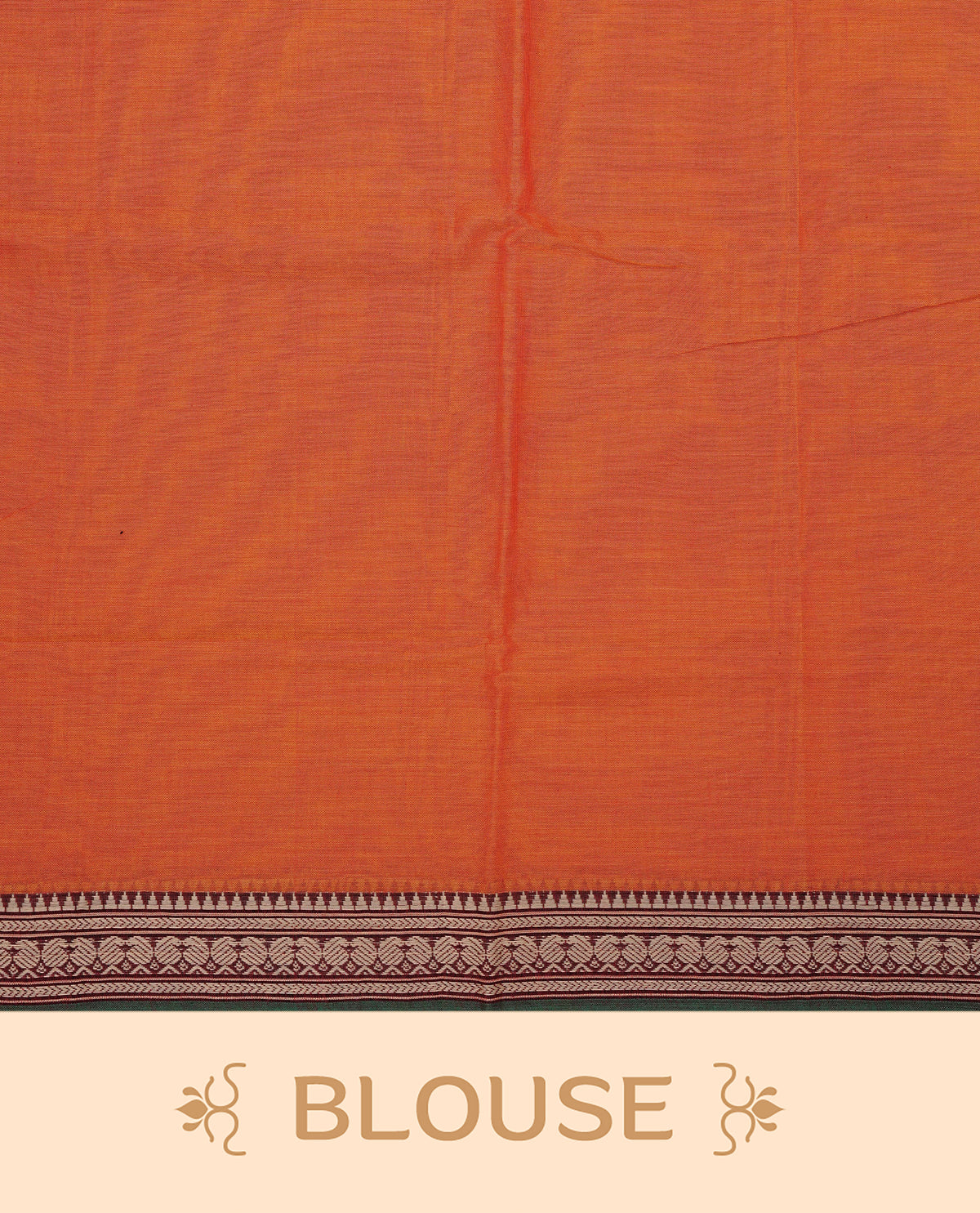 Orange colour Narayanapattu cotton saree with a plain body, complemented by a green colour with Beige colour mango motifs border & a striped contrast pallu, paired with a matching blouse piece.