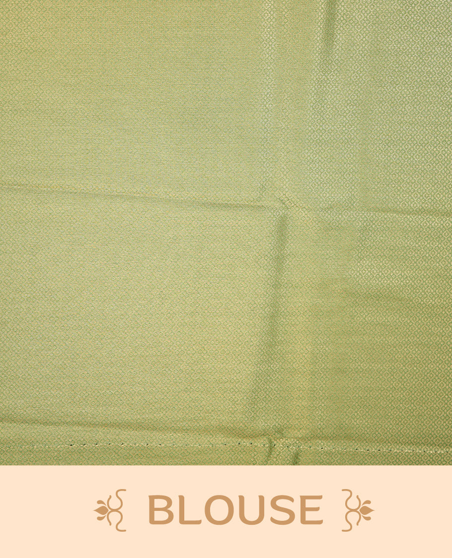 Pastel green colour semi soft silk saree featuring gold zari motifs on across body, self colour border with traditional gold zari pattern, pallu and paired with matching blouse.
