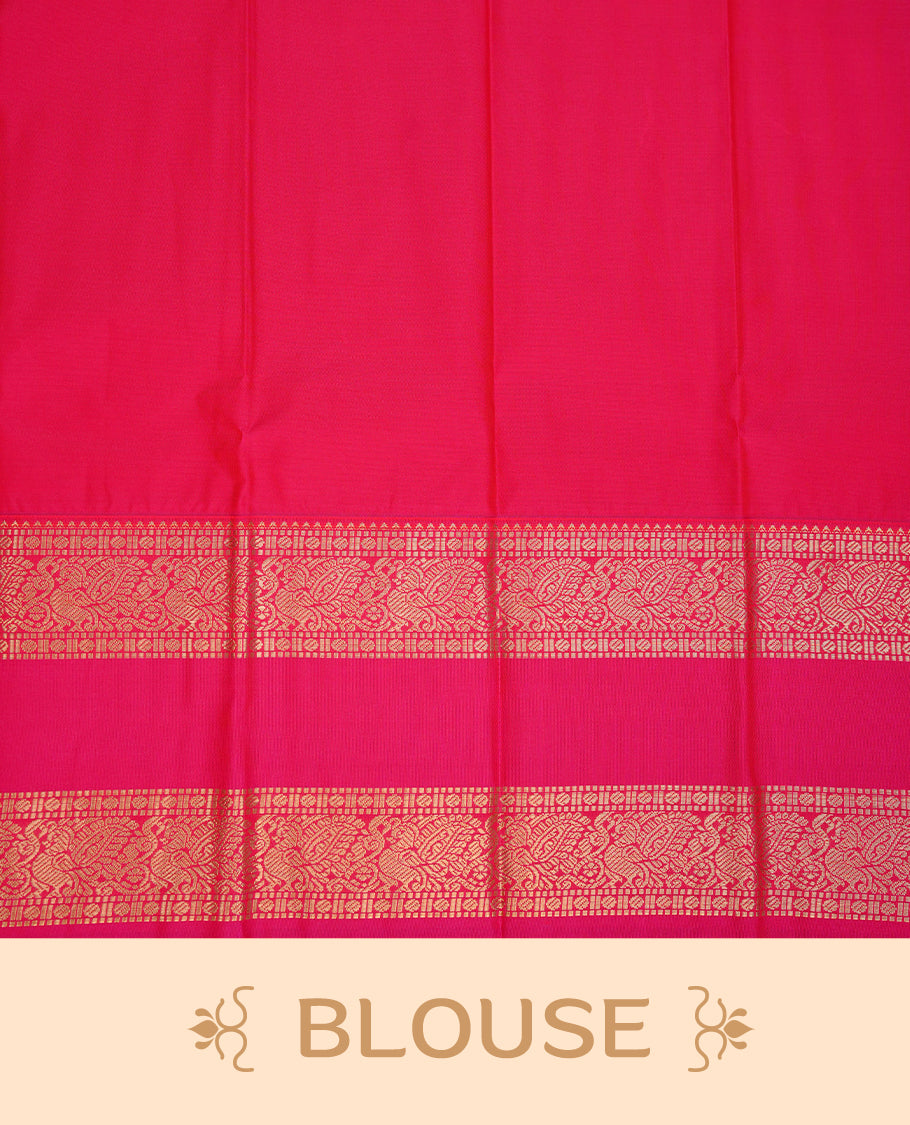 Navy blue coloured soft silk saree featuring gold zari stripes and motifs across the body, enhanced with a contrast Magenta border and pallu, paired with a matching contrast blouse piece.