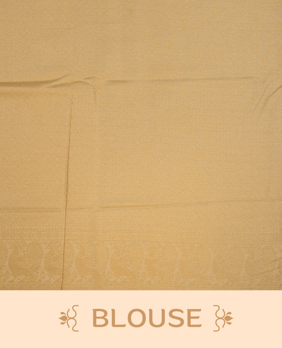 Beige colour semi soft silk saree featuring gold zari motifs on across body, self colour border with traditional gold zari pattern, pallu and paired with matching blouse.