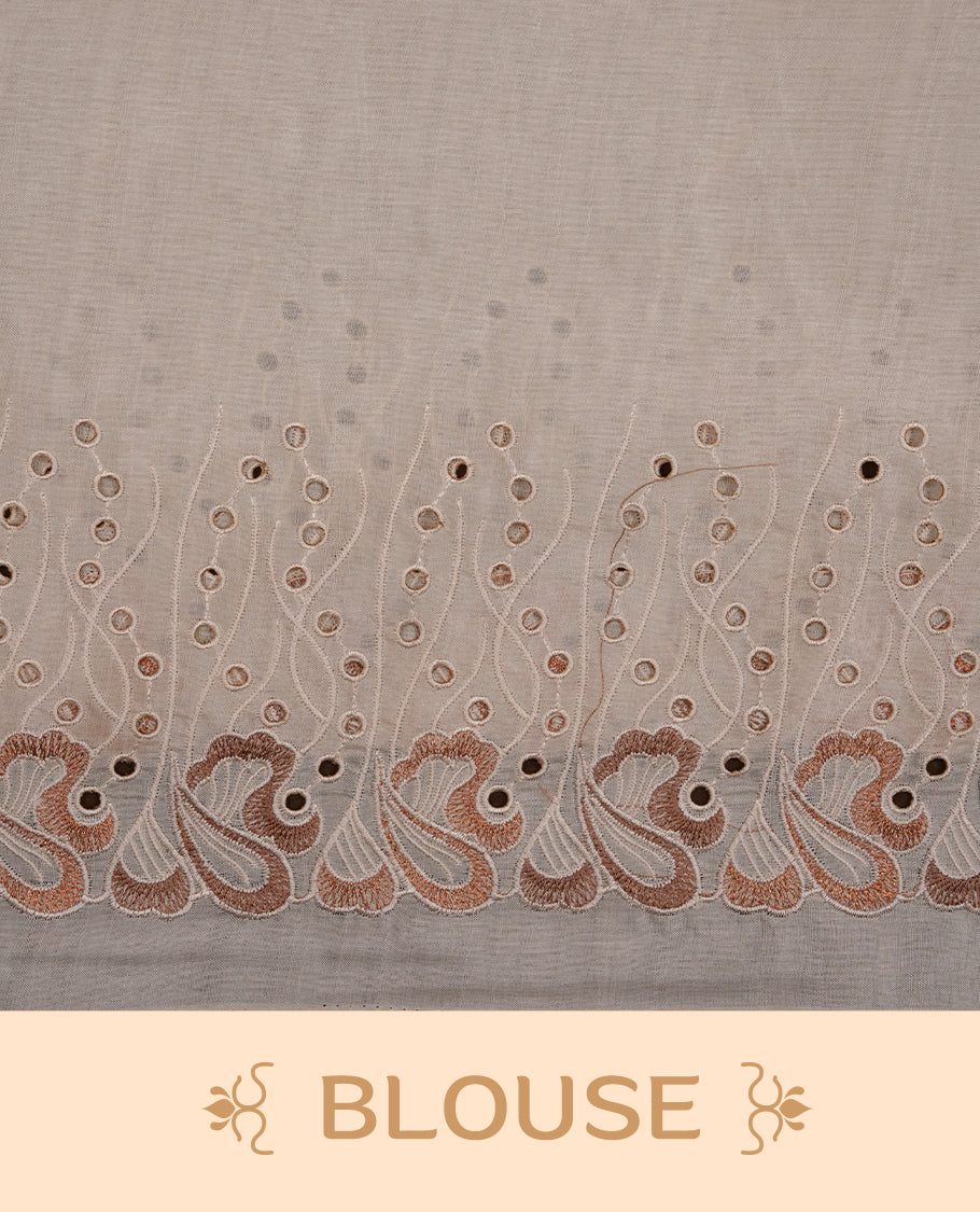 Beige colour Tussar silk saree featuring Elegant plain body, highlighting Brown colour thread worked scalp border, pallu and paired with matching blouse piece.