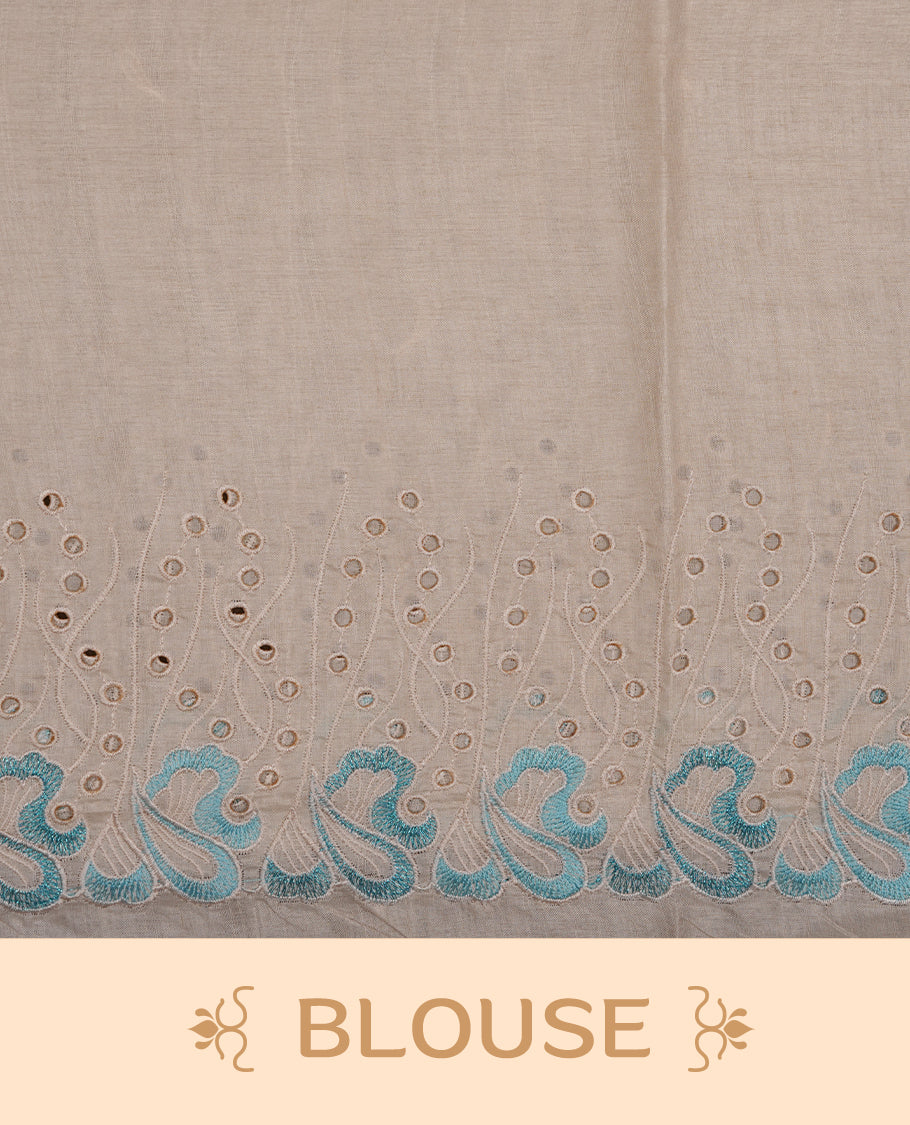 Beige colour Tussar silk saree featuring Elegant plain body, highlighting Blue colour thread worked scalp border, pallu and paired with matching blouse piece.