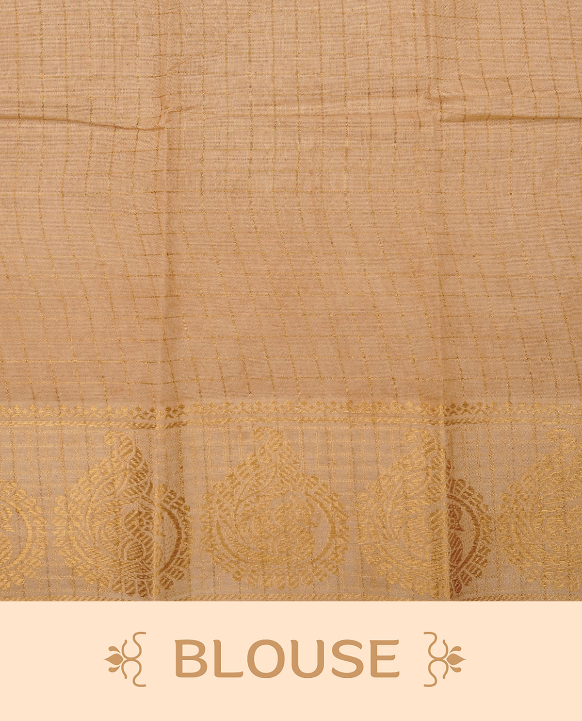 Brown Sungudi cotton saree featuring elegant gold zari checks across the body, complemented by a contrast gold zari border. Comes with a matching blouse piece.