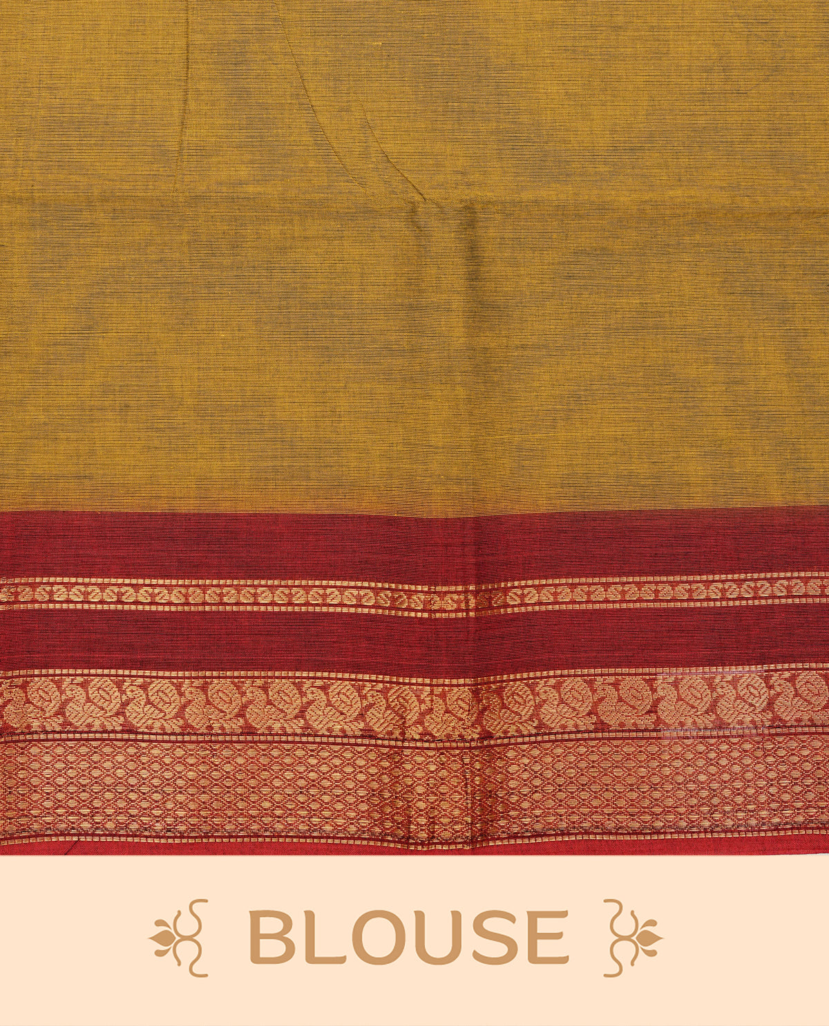 Dark mustard colour chettinad cotton saree featuring elegant plain body, Contrast Red colour with Gold zari border, comes with matching blouse piece.