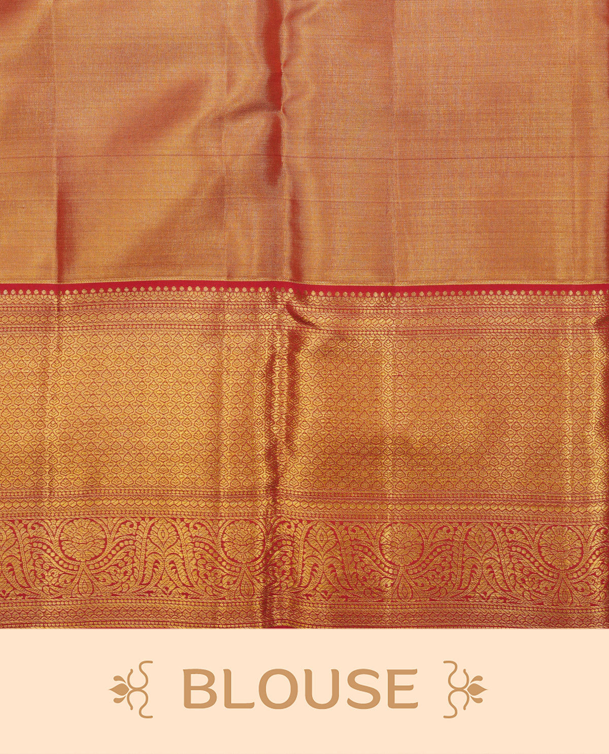 Light gold colour pure tissue silk saree featuring silver zari floral kodi pattern on body, complemented by contrast red colour with traditional border, comes with matching blouse piece.