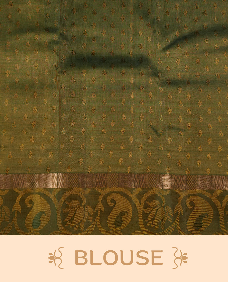Yellow colour soft silk saree featuring stripes on the body, complemented by a contrast Green zari border and pallu, paired with matching blouse piece.
