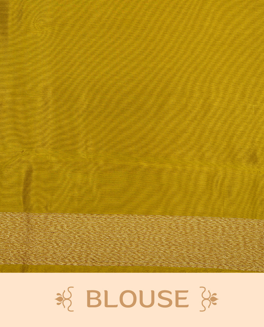 Olive colour semi banaras tussar georgette saree featuring antique gold zari buttas on body, temple pattern on border and floral pattern on pallu, paired with matching blouse piece.