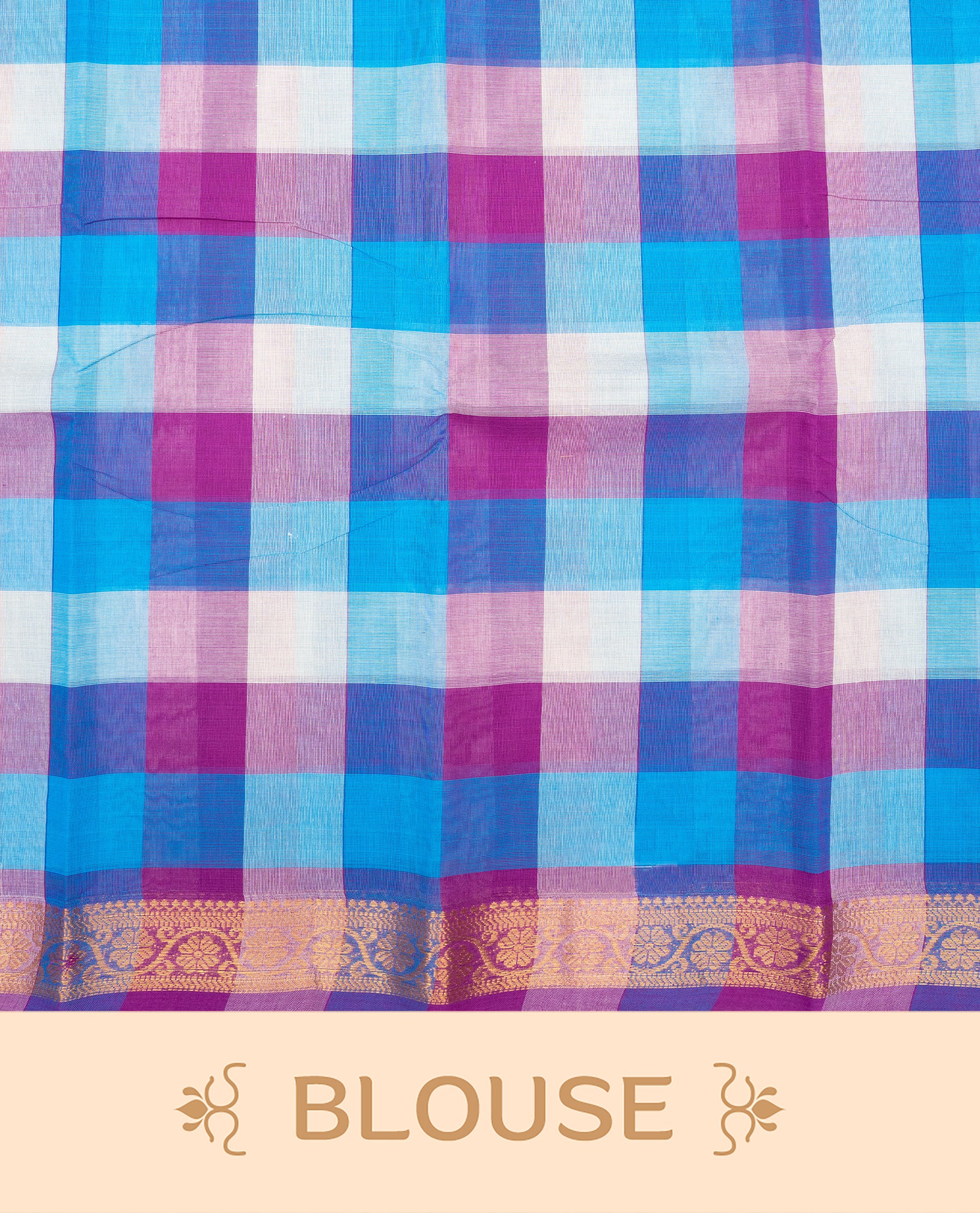 Multi colour Chettinad cotton saree featuring a check pattern on the body, complemented by a self colour with gold zari border, comes with a matching blouse piece