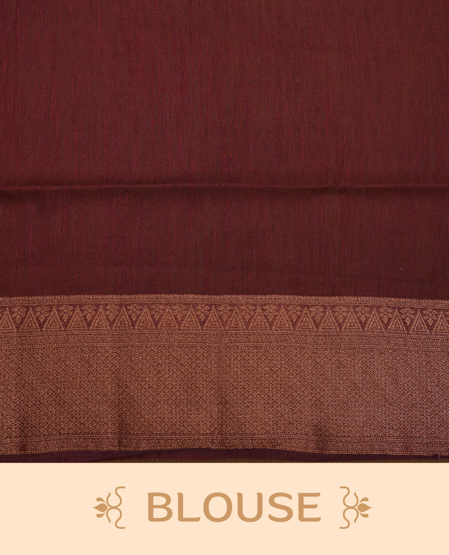 Mustard colour semi linen silk saree featuring antique zari motifs on body, traditional border with contrast Chocolate colour, pallu and paired with matching blouse