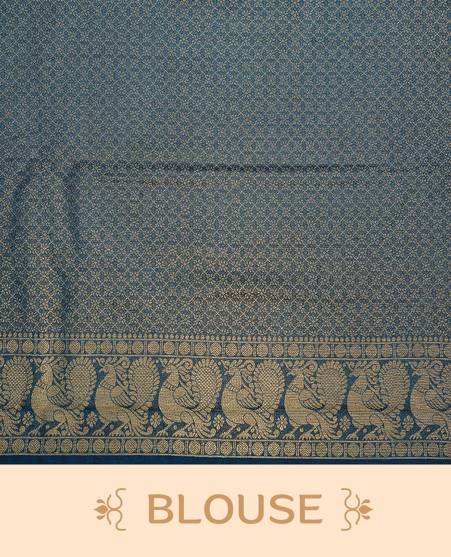 Navy blue colour soft silk saree featuring gold zari pattern on body, complemented by self colour with traditional border, paired with matching blouse piece.