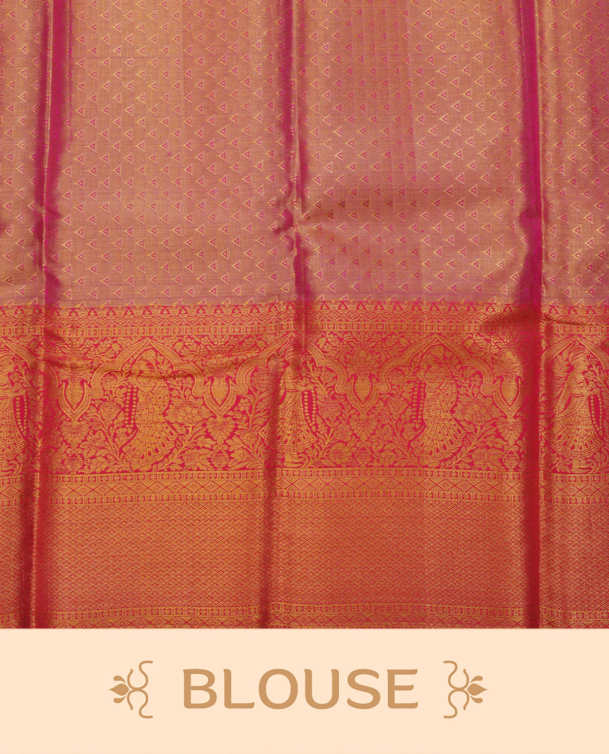 Gold & light pink double shade colour pure tissue silk saree featuring gold designed stripes on body, complemented by contrast red colour with traditional border, comes with matching blouse piece.