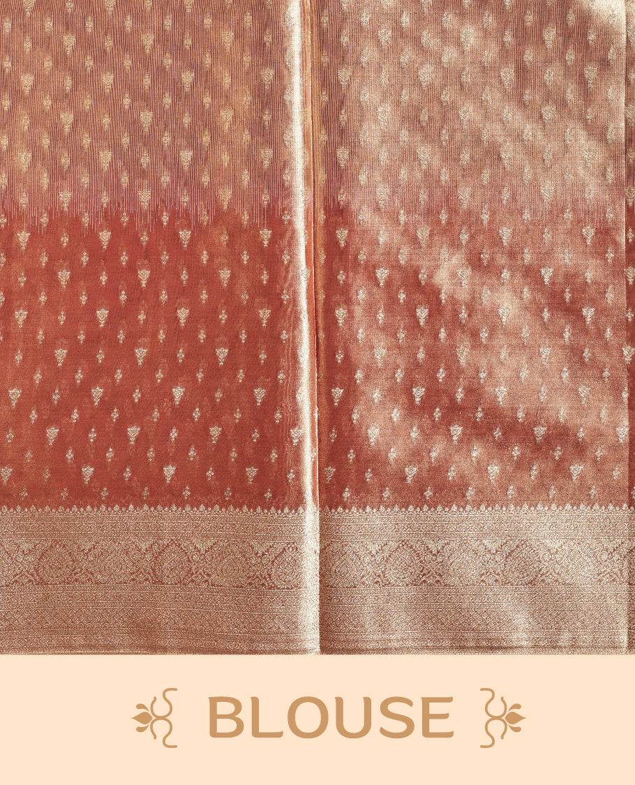 Brown, light brown , gold triple shade colour semi Tissue silk saree featuring gold zari motifs on body, complemented by gold zari traditional border, paired with matching blouse piece.