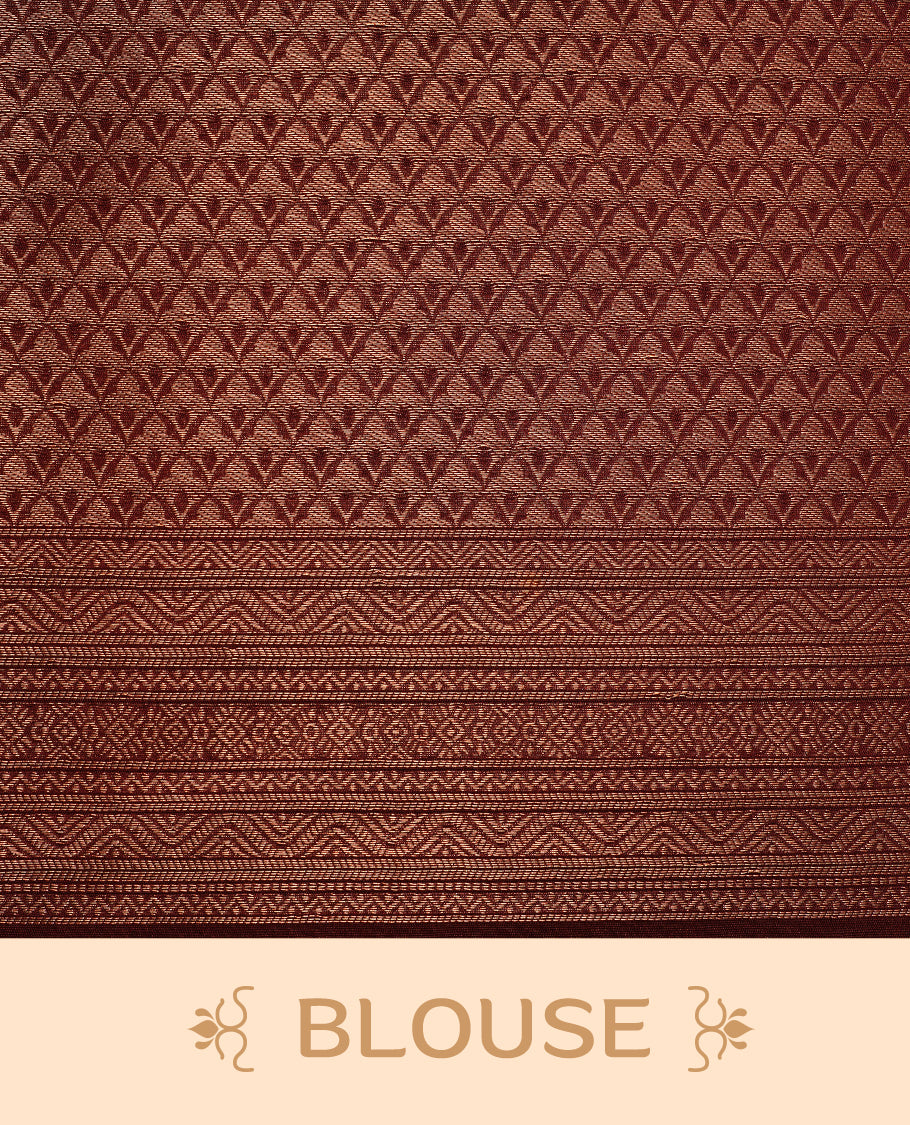 Rust orange colour softie silk saree featuring floral gold zari pattern across body, complemented by contrast chocolate brown with gold zari border, paired with matching blouse