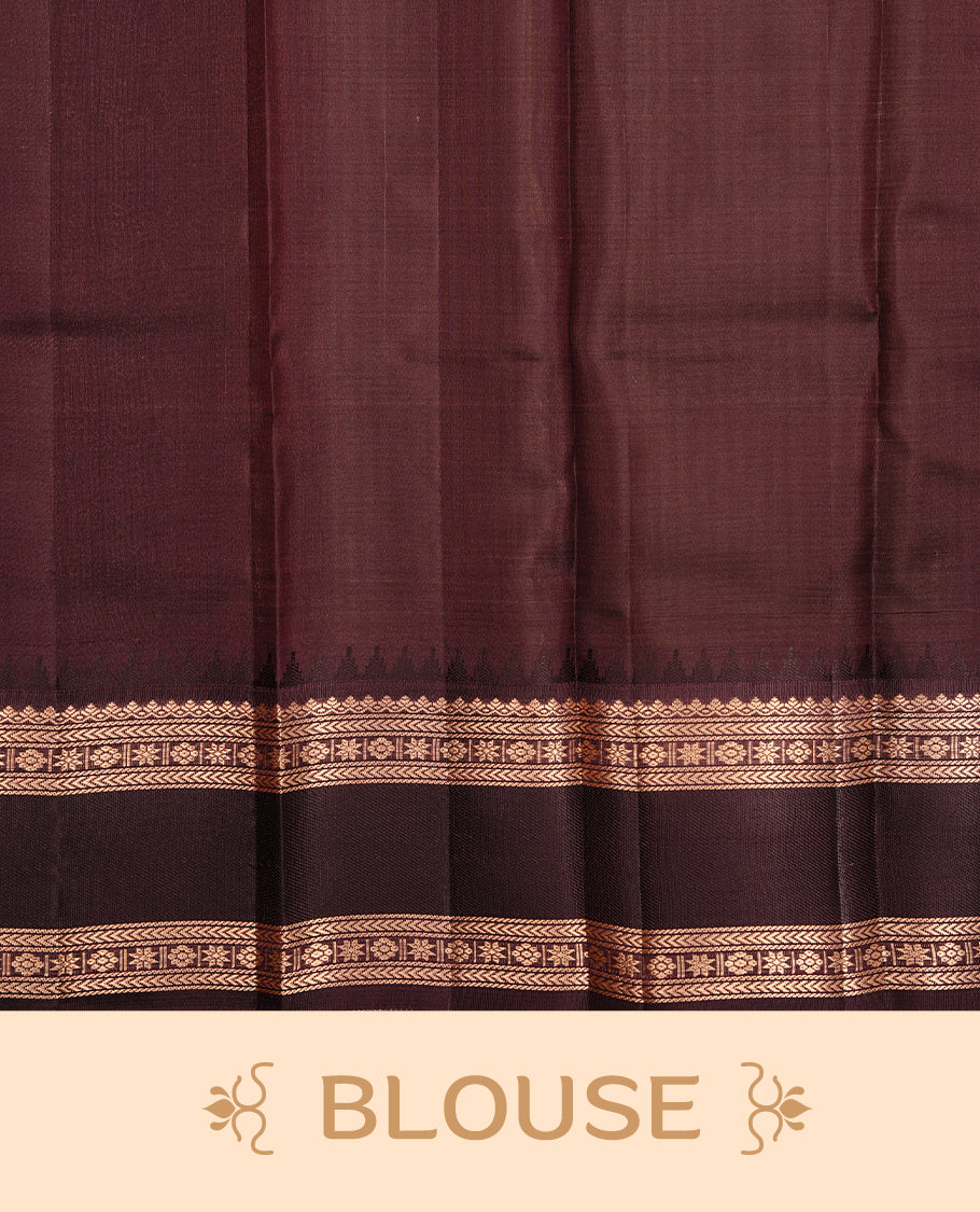 Yellow & green  colour traditional kancheepuram silk saree featuring check pattern on body, complemented by contrast deep purple colour with gold zari traditional border, paired with matching blouse piece.