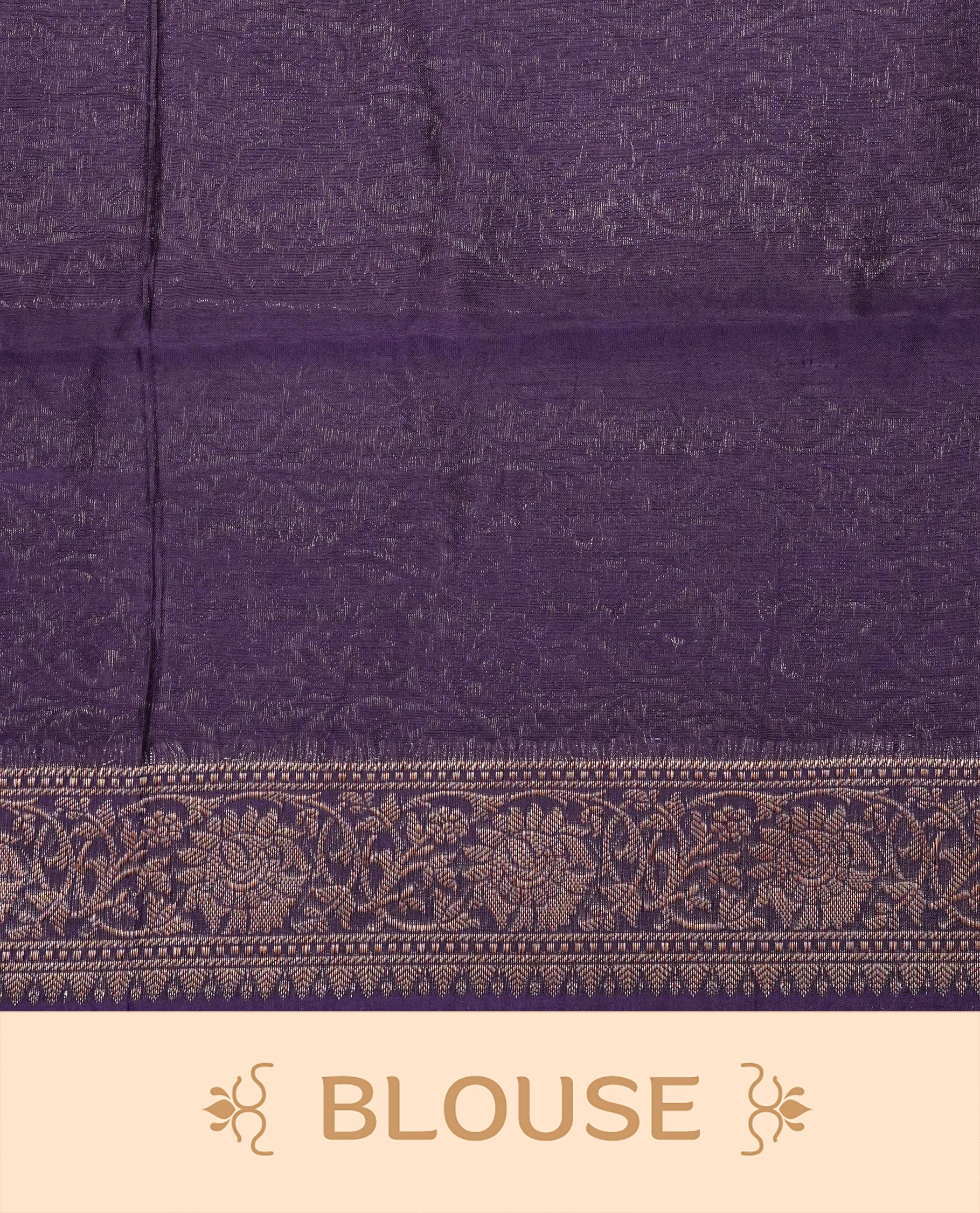 Royal Purple colour Tussar Silk saree featuring antique zari butta motifs on the body, enhanced with a self-coloured floral zari border and pallu, paired with a matching blouse piece.