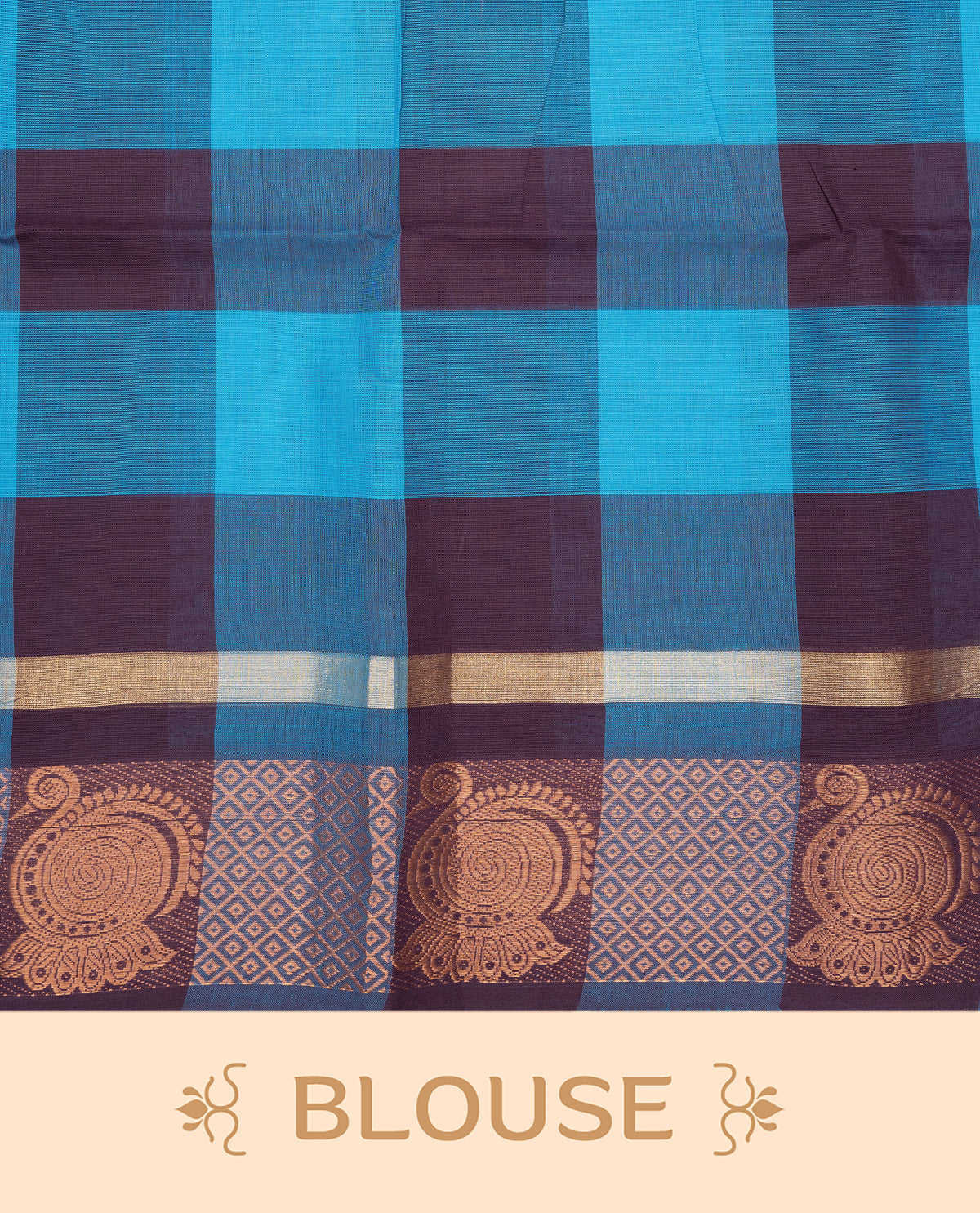 Grape & Blue colour chettinad cotton saree featuring check pattern on body, complemented by Self Colour with Copper zari border, comes with matching blouse piece.