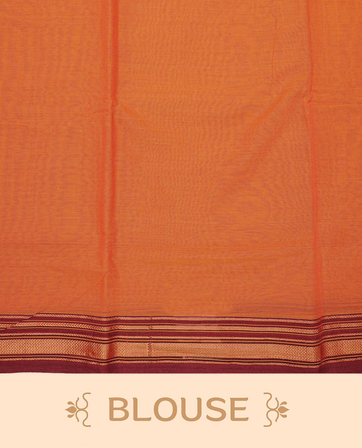 Orange colour Narayanapattu cotton saree with a plain body, complemented by a Maroon colour with elegant gold zari detailing border & contrast striped pallu, paired with a matching blouse piece.